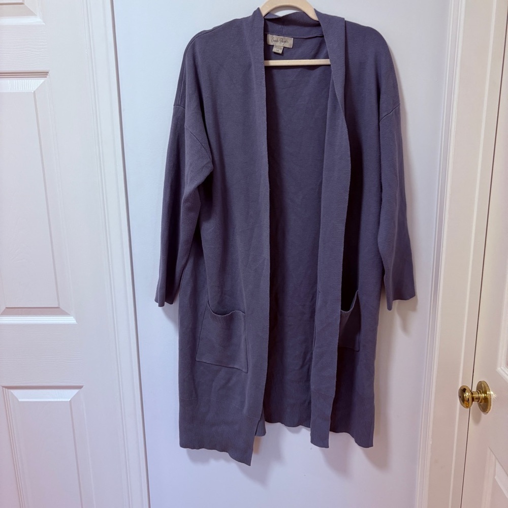 Charlie Paige Long Open Cardigan Pouch Pocket Grey Purple Sz Large Viscose